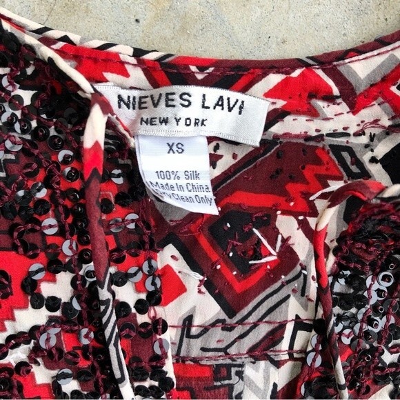 Nieves Lavi Silk Mini Dress Tunic Beaded Embellished Aztec Printed Red Black XS - Picture 2 of 5